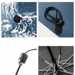 Parapluie 8 baleines motif bleu avec vagues, accessoire de maintien, bouton de commande et mécanisme de soutien en bas.