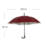 Parapluie canne rouge 100 cm, hauteur 83 cm, avec béquille antidérapante pour une protection efficace contre la pluie et un appui sûr.