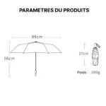 Parapluie pliant fleuri léger, compact et élégant, dimensions 99x56 cm, 300 g, replié à 27 cm, idéal pour un usage quotidien.