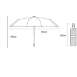 Parapluie anti-UV pliable automatique, dimensions : 97 cm ouvert, 28 cm plié. Compact, pratique et protection solaire optimale.