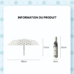 Parapluie pliant anti-UV à pois noirs, compact et élégant, 98 cm ouvert, 28 cm plié, idéal pour protection pluie et soleil.