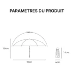 Schéma dimensions parapluie de luxe vintage : diamètre 100 cm, hauteur 52 cm, largeur 90 cm, stockage compact 15 cm.