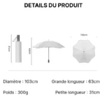 Parapluie femme chic blanc, 103 cm de diamètre, 63 cm ouvert, 31 cm plié, léger à 300 g. Élégance et praticité au quotidien.