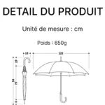Parapluie homme canne en bambou 650g, dimensions précises en cm - Élégance et robustesse pour votre protection contre la pluie.