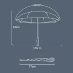 Schéma technique du parapluie tempête double couche, dimensions 118cm diamètre, 106cm hauteur, 77cm plié, design élégant gris.