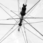 Parapluie transparent avec poignée colorée, design élégant, tiges métalliques apparentes, idéal pour la mode et la pluie.