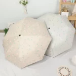 Parapluies automatiques fleuris beige et bleu clair sur fond blanc, alliant protection efficace et élégance pour vos jours de pluie.