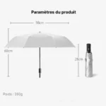 Parapluie anti UV coloré blanc ouvert 98x60 cm et plié 28 cm, léger 350 g, idéal pour la protection solaire et la pluie.