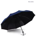 Parapluie anti-UV pliable 10 baleines, deux tons bleu marine et noir, poignée ergonomique, style élégant et protection efficace.