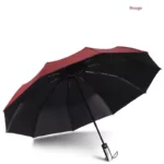 Parapluie anti-UV 10 baleines rouge et noir, design élégant, offrant protection pluie et soleil, idéal pour un usage quotidien.