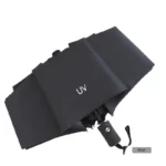 Parapluie anti-UV noir automatique, ergonomique et élégant, idéal pour se protéger efficacement du soleil et des rayons UV.