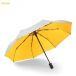 Parapluie anti UV coloré, collection moderne, ouvert avec toile blanche et mât noir, idéal protection pluie et soleil.
