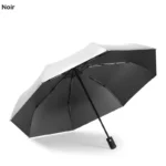 Parapluie anti-UV coloré, double toile gris extérieur noir intérieur, protection pluie et soleil idéale, design élégant.