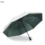 Parapluie anti-UV coloré, collection élégante, design robuste, vert avec finition blanche, parfait pour protection solaire et pluie.