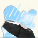 Parapluie automatique noir avec motifs de chats, ciel bleu et gouttes de pluie colorées, parfait pour embellir vos jours de pluie.