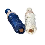 Parapluie automatique cœur, motifs dorés sur fond bleu et dessins délicats sur fond blanc, élégance et style intemporel.