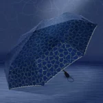 Parapluie automatique bleu marine avec motifs cœurs dorés, élégant et pratique, idéal pour rester chic sous la pluie.