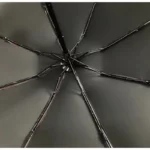 Vue intérieure d'un parapluie noir automatique élégant, structure métallique robuste, idéal pour une protection efficace contre la pluie.