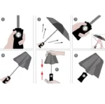 Parapluie automatique pliable uni, guide illustré pour ouvrir et fermer facilement, mouvement des mains étape par étape.