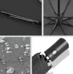 Parapluie automatique uni, design moderne, structure robuste, tissu imperméable avec gouttes, mécanisme d'ouverture pratique.