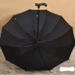 Parapluie canne noir, vue de dessus, poignée en bois robuste, design élégant, idéal pour rester au sec en toute saison.