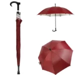 Parapluie canne avec béquille antidérapante, design classique rouge, pratique et élégant pour rester au sec sous la pluie.