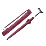 Parapluie canne bordeaux avec poignée réglable, manche en métal, présenté ouvert avec housse de protection assortie.