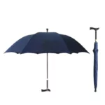 Parapluie canne bleu marine avec poignée réglable, structure métallique robuste, version ouverte et pliée côte à côte.