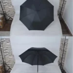 Parapluie canne noir avec poignée réglable, design élégant ouvert, présenté de deux angles sur fond neutre, [Collection].
