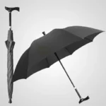 Parapluie canne noir avec poignée réglable, design élégant, ouvert et plié. Accessoire pratique et stylé pour la pluie.