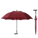 Parapluie bordeaux avec canne noire réglable, assorti à un parapluie pliable, élégamment présenté sur fond blanc.