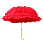 Parapluie rouge élégant avec fronces, poignée dorée, style raffiné pour un look chic et original, protection optimale contre la pluie.