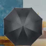 Parapluie canne semi-automatique noir, élégant et pratique, ouvert devant un décor urbain avec ambiance aquatique.