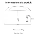 Parapluie chic pliable, léger (143 g), diamètre 90 cm, housse de transport compacte (22 cm), idéal pour un style élégant.