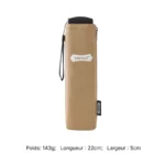 Parapluie chic beige avec étui compact de 22 cm, étiquette 'PARACHASE', cordon de transport, léger 143 g, design élégant.