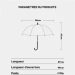 Parapluie cloche pliable avec dimensions : longueur 87 cm, ouverture 98 cm, poids 334 g. Collection élégance et protection.