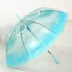 Parapluie cloche pliable transparent bleu, design élégant et léger, idéal pour se protéger de la pluie avec style.