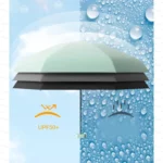 Parapluie compact double couche UPF50+, design élégant, protection pluie et soleil, gouttes d'eau en arrière-plan illustratif.