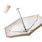 Parapluie de luxe vintage avec motif floral et bord rose, transparent et assorti à une bouteille élégante pour un style chic.