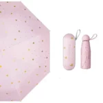 Parapluie femme cœur rose à pois dorés, élégant et pratique, avec étui assorti. Idéal pour une touche chic par temps de pluie.