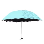 Parapluie femme coloré avec motifs floraux bleus, structure noire élégante et design stylé pour allier protection et mode.