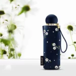 Parapluie femme léger bleu marine avec motifs floraux blancs, élégant et raffiné, parfait pour un style distingué.