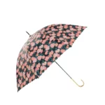 Parapluie floral élégant avec fleurs roses sur fond sombre et poignée dorée. Accessoire chic pour rester au sec avec style.
