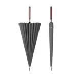 Parapluie homme avec manche en bois, design élégant ouvert et fermé en gris, parfait pour une protection stylée contre la pluie.