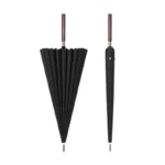 Parapluie homme élégant noir, manche en bois, style classique et chic, parfait pour un look raffiné et intemporel.