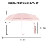 Parapluie rose élégant avec motifs de notes de musique, dimensions compactes, housse assortie incluse, pratique et stylé.