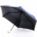 Parapluie pliant 6 baleines, élégant design noir et bleu avec bordure dorée, idéal pour un style chic et une protection optimale.