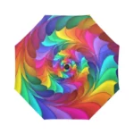 Parapluie pliant arc-en-ciel vibrant et coloré, design spiralé unique, parfait pour illuminer vos journées pluvieuses.