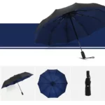 Parapluie tempête automatique bleu marine, pliable, solide et élégant, avec vue ouverte et fermée, structure robuste et poignée ergonomique.