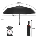 Parapluie tempête automatique noir de 120 cm, compact et robuste, léger à 490 g, idéal pour résister aux intempéries.